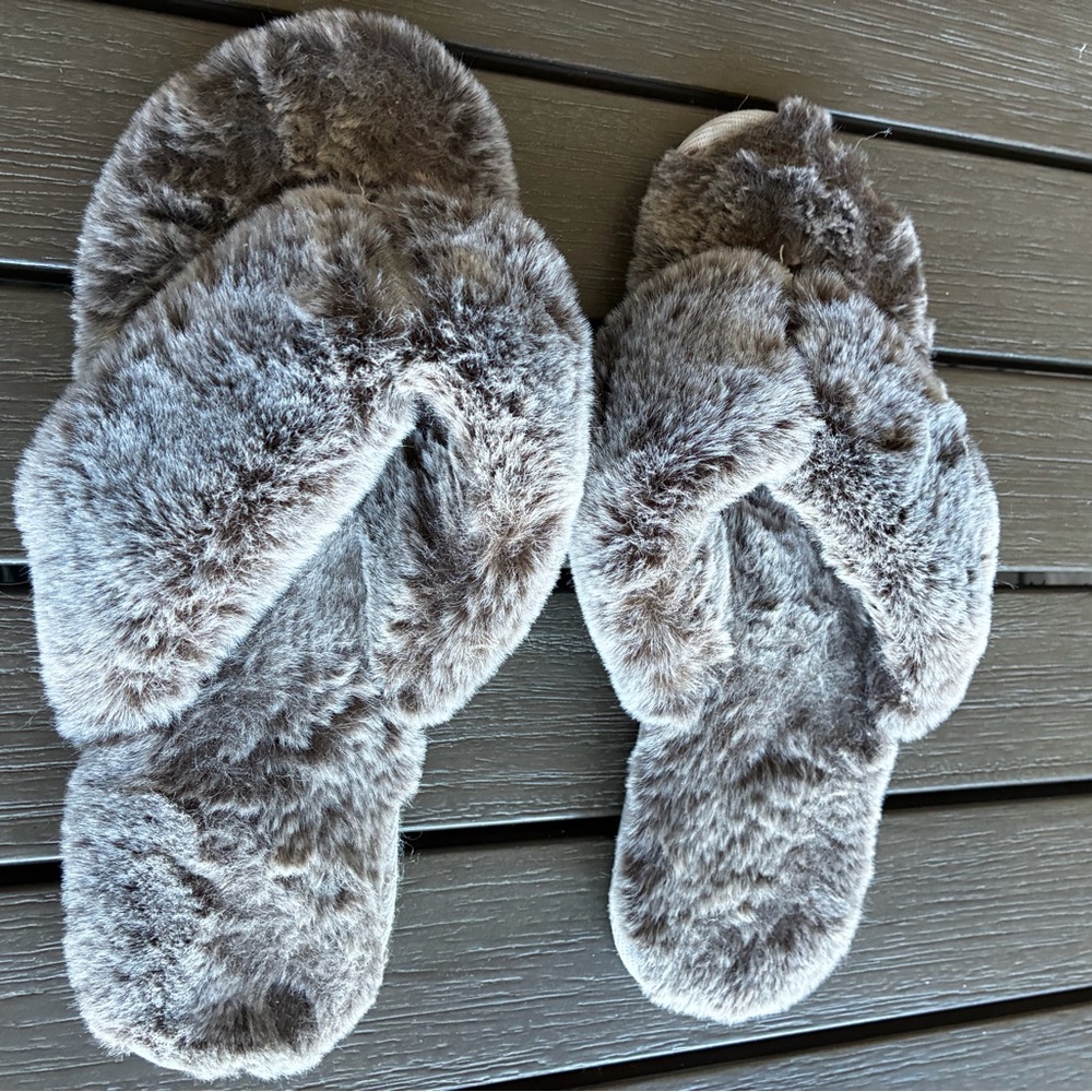 Pottery Barn Gray Furry Slippers